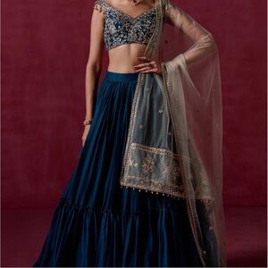 Teal Green Embroidered Crepe Silk Lehenga